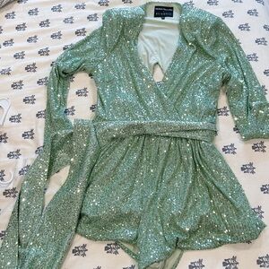 Melissa Mercedes x ELOQUII Green Sequin Wrap Romper | Plus Size 22